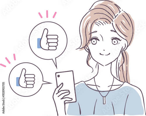 インフルエンサーの女性　SNS いいね　通知が止まらない　ベクターイラスト素材