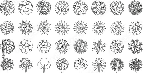 Vector illustration of thirty five tree symbols arranged in grid, showing top-down canopy views and elevation silhouettes for design
