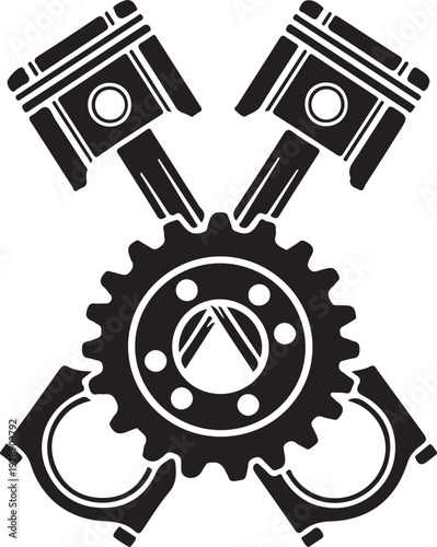 Two piston engine rods with a central gear component, forming a symmetrical mechanical emblem on transparent background