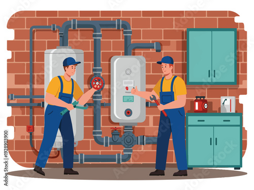 Two technicians in overalls working on industrial water heater equipment with pipes and valves in a room with brick wall and cabinets