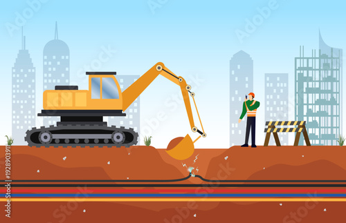 Excavator Accidentally Cutting Underground Power Cable During Construction Project, industry and architecture, vector illustration