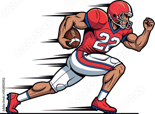  American football player in a red uniform, sprinting with the ball and speed lines