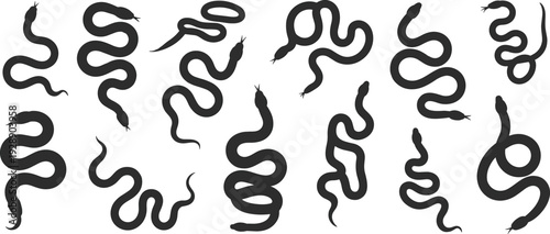 Black snake silhouettes collection, various crawling serpent poses isolated on white background, reptile vector illustration set for wildlife design