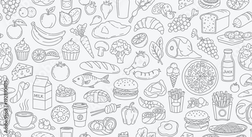 Line art illustration of various foods including fruits, vegetables, bread, pastries, pizza, meat, and drinks. The design is detailed and playful.