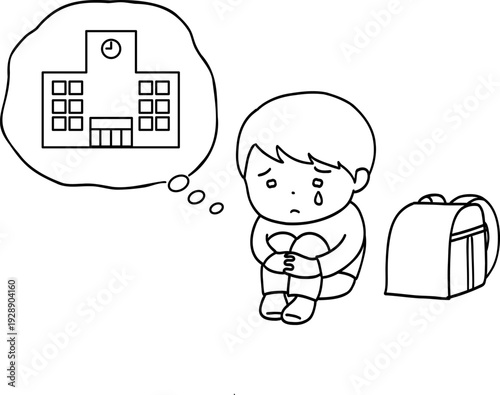 登校が不安な男の子の線画イラスト