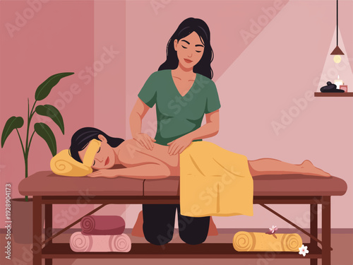 Woman receiving massage on table with yellow towel covering body and face mask from masseuse in green shirt kneeling beside her in spa with pink walls and towels on shelf  serene relaxation scene