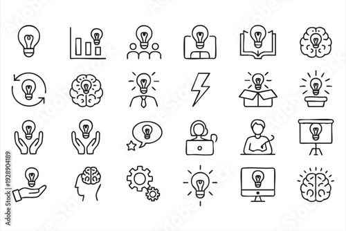 Creativity and smart thinking outline icons for startup and strategy design