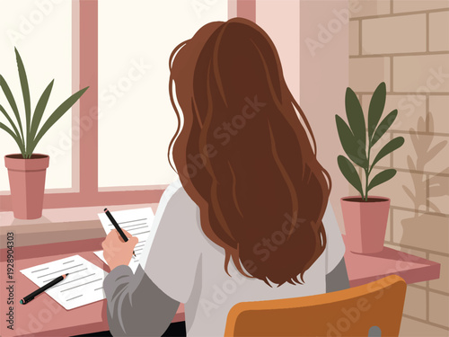 Woman sitting at desk writing on paper with pencil in hand in front of window with plants on desk and brick wall