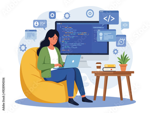 Woman sitting on yellow bean bag chair working on laptop with computer monitor behind her showing coding on screen with coffee cup and books on wooden table beside her