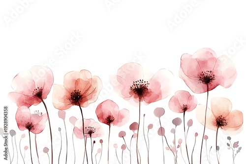 Delicate Watercolor Floral Arrangement with Soft Pink Blossoms on a White Background