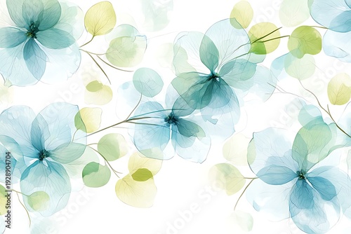 Delicate Blue and Green Floral Pattern with Soft Watercolor Effect for Decorative Use
