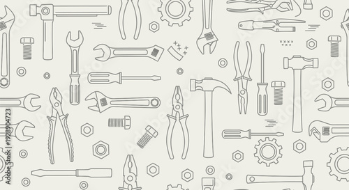Pattern of various hand-drawn tools, including hammers, wrenches, pliers, gears, and screws, arranged randomly against a light background.