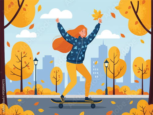 Young woman riding a skateboard in an autumn city park with leaves falling around her  happy girl enjoying fall season