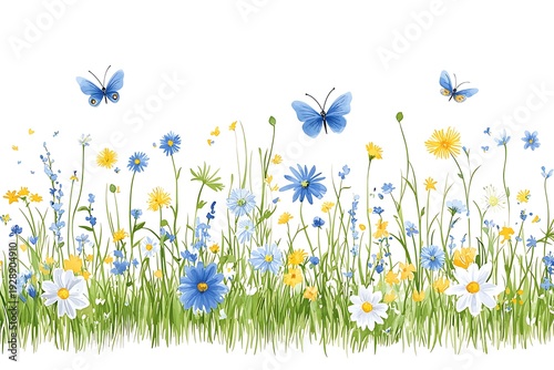 Vibrant Spring Meadow with Colorful Flowers and Blue Butterflies in a Bright Atmosphere