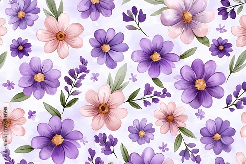 Colorful Floral Pattern with Purple and Pink Flowers on Soft White Background