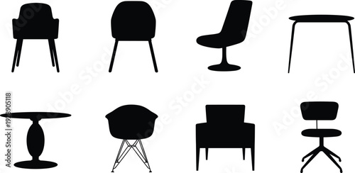 Chair and table silhouettes collection, modern interior furniture set isolated on white background home decor vector illustration