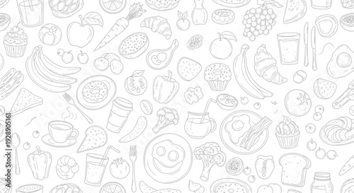 Line-drawn food pattern featuring various items like fruits, vegetables, pastries, and drinks. The image conveys a playful and diverse food theme.