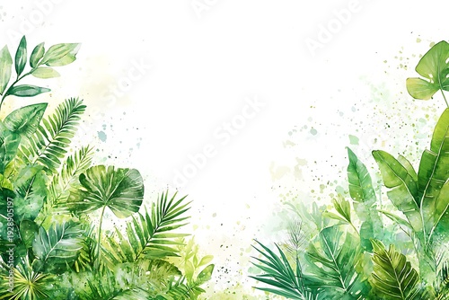 Lush Green Watercolor Foliage Border with Bright Open Space for Text or Design Elements
