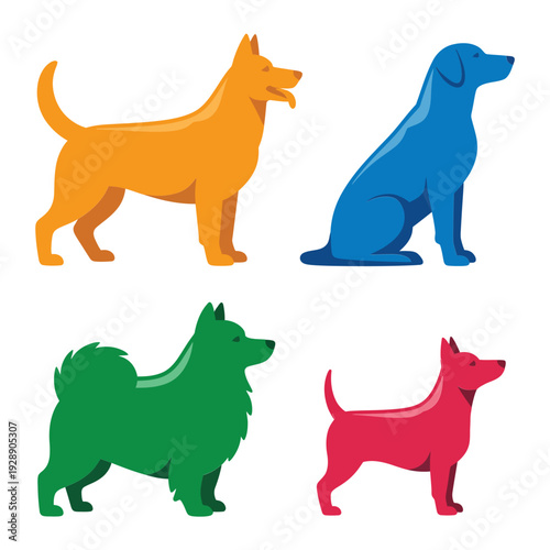 Colorful dog silhouettes set, puppies in vibrant shapes, perfect for dog park event signage, agility trial session, training flyers