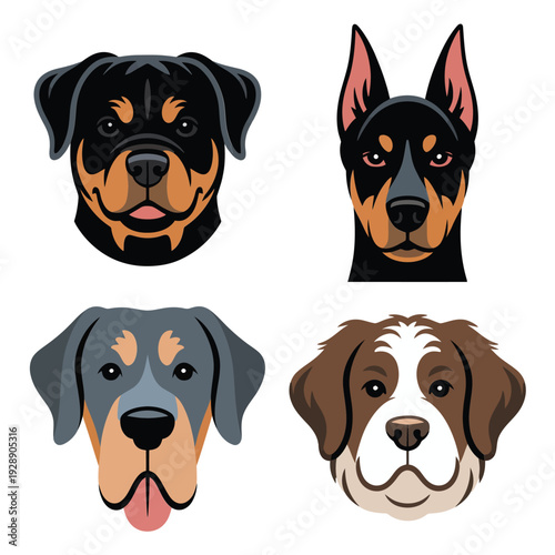 Mixed dog head portraits including rottweiler, doberman, hound and saint bernard, vector graphics for rescue fundraiser, temperament seminar session