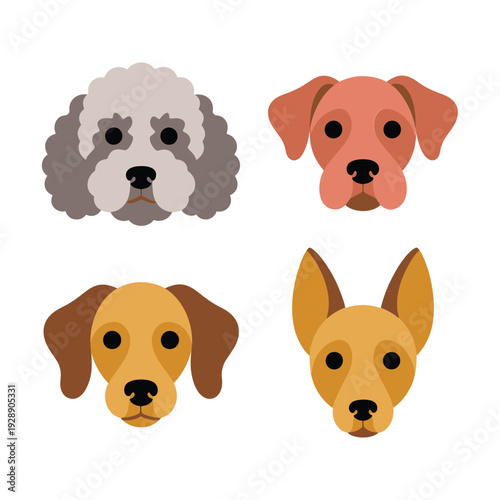 Round puppy face collection, poodle, terrier, hound and corgi styles, vector stickers for grooming class session, dog show flyer branding