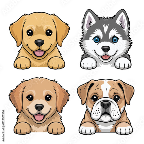 Four adorable puppies peeking set, golden retriever, husky, beagle and bulldog styles, vector for puppy shower invitation, playdate session