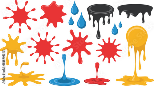 Colorful paint splashes and dripping liquid drops set, red blue yellow ink stains isolated on white background vector illustration