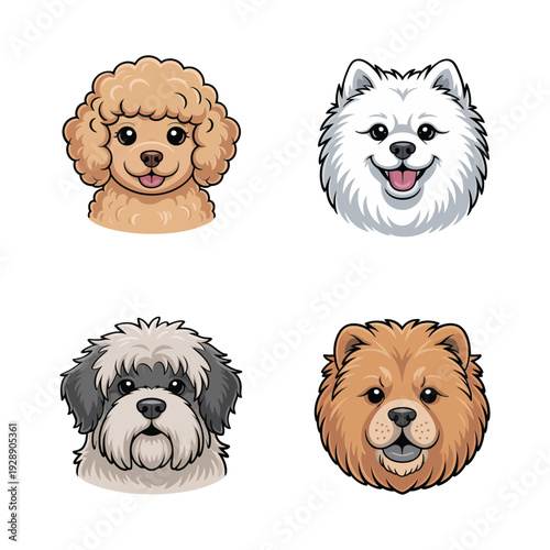 Fluffy dog face set with poodle and chow chow, pet photoshoot event poster, grooming seminar session artwork, boutique branding