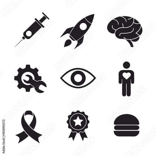 Black and white of syringe rocket brain wrench eye person ribbon star burger