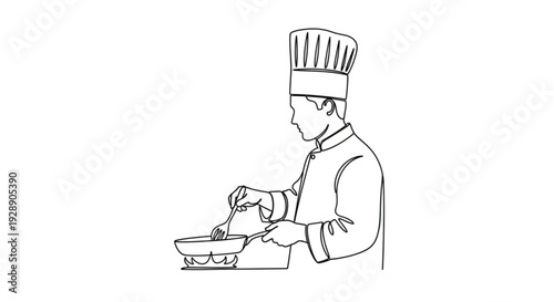 A chef in uniform carefully prepares a meal in a kitchen from a side view illustration