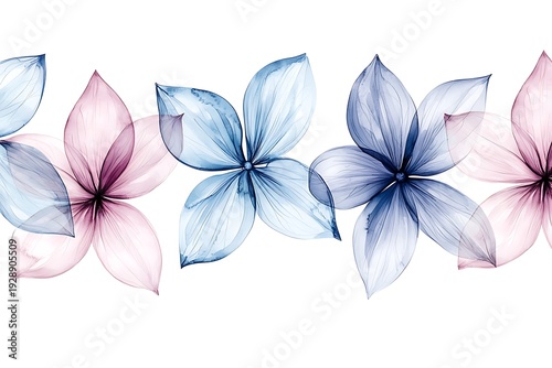 Elegant Watercolor Floral Pattern with Soft Hues of Pink, Blue, and Purple Petals