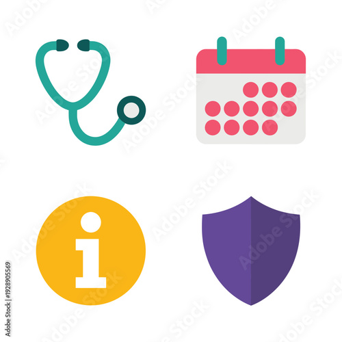 Healthcare appointment toolkit icons, stethoscope instrument, marked calendar, information button, protective shield, hospital open day poster, patient registration session vector