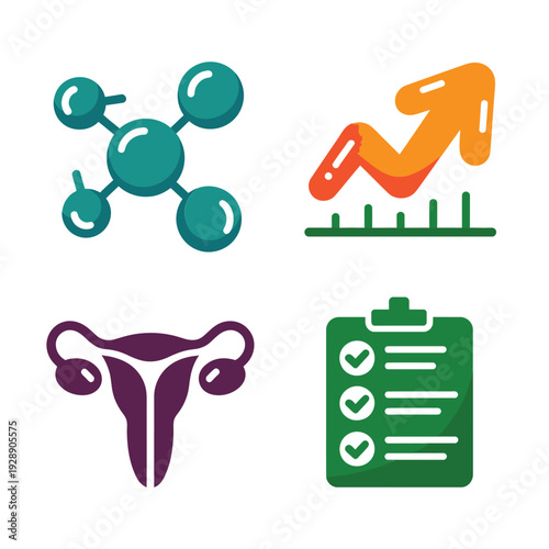 Womens health analytics icons, hormone molecules with rising trend, uterus checklist clipboard, report, research symposium branding, data insight session vector