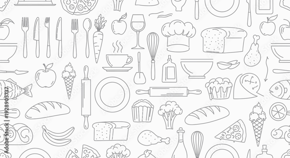 Fototapeta premium Seamless pattern of various outlined food and kitchen items, including vegetables, cookware, and beverages, creating a playful culinary theme.