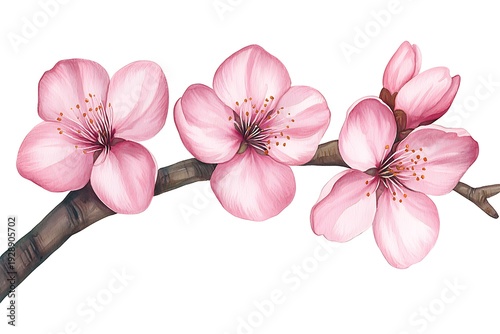 Beautiful Pink Cherry Blossom Flowers on a Branch with Delicate Petals and Green Leaves