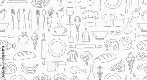 Seamless pattern of various outlined food and kitchen items, including vegetables, cookware, and beverages, creating a playful culinary theme.