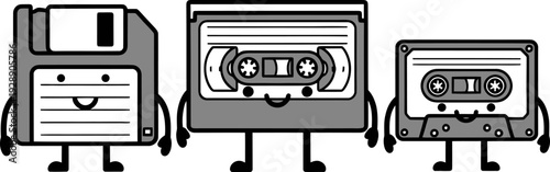 Retro Floppy Disk and Cassette Tape Cartoon Mascot Vector Illustration, Retro Tech Mascot Characters Vector