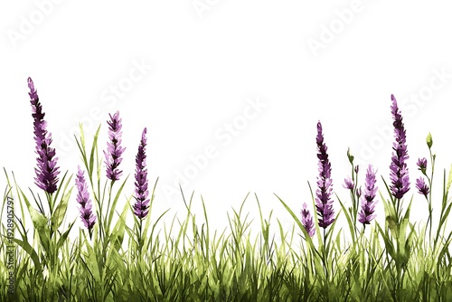 Lavender Flowers and Green Grass Under Clear Sky in Watercolor Style Illustration