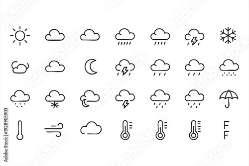 Professional weather outline icon set for forecast and temperature displays