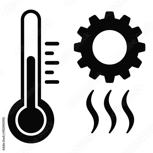 Thermometer and gear icon with heat waves on white background icon