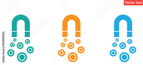 Magnet icon set. Magnet Horseshoe symbol set. Horseshoe sign. Magnet icon template.. Vibrant magnet icons in teal, orange, blue attracting circles, perfect for business, tech, or creative projects. 