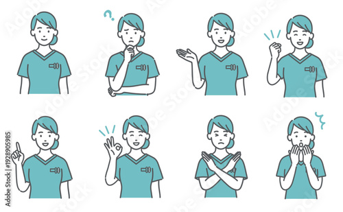 スクラブ姿の女性医療従事者の表情・ポーズイラストセット（上半身・8種類）