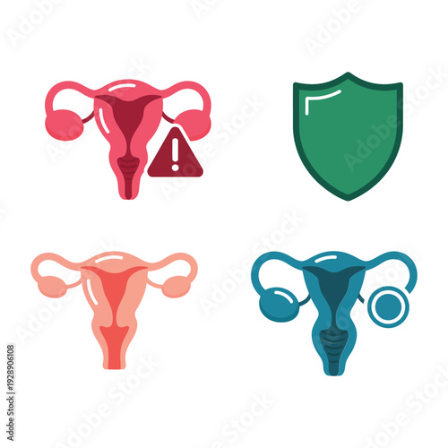 Female reproductive system vector icons with uterus, ovary, warning sign and protective shield, gynecology clinic poster, womens health education design