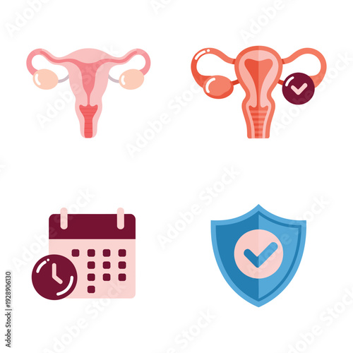 Menstrual cycle planner icons with uterus set, ovulation calendar and health shield, gynecology clinic poster, fertility tracking education design resources
