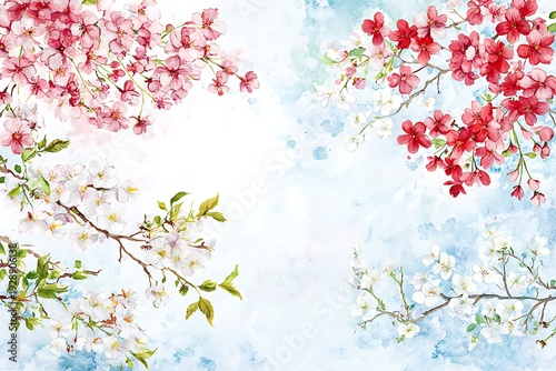 Beautiful Watercolor Floral Background with Cherry Blossoms and Spring Flowers in Pastel Tones