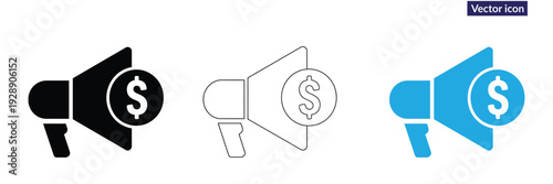 Megaphone announcements with dollar coin for business promotions. Financial growth and investment icons with dollar sign megaphone. 