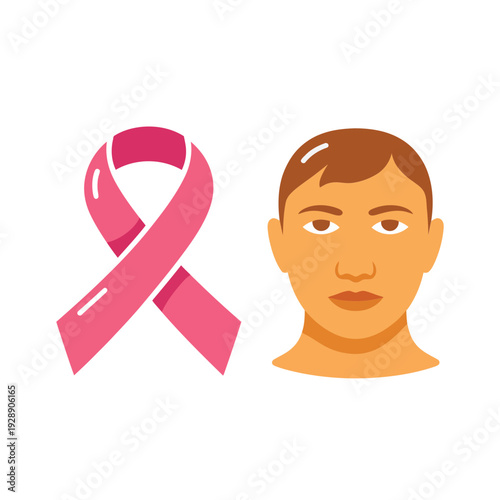Oncology awareness ribbon with female patient avatar, cancer support symbol, charitable event poster, hospital education program, health outreach graphics