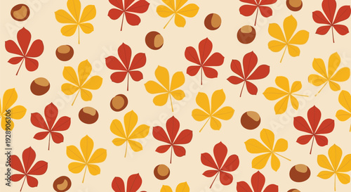 Pattern of red and yellow autumn leaves and brown acorns on a beige background. The design is vibrant and evokes a warm, seasonal feel.