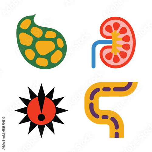 Urology awareness month icons, bladder inflammation, ureter blockage, prostate symptoms alert, screening camp poster, community treatment options talk session