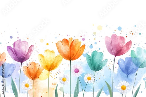 Vibrant Watercolor Floral Arrangement with Colorful Tulips and Daisies on a Bright Background